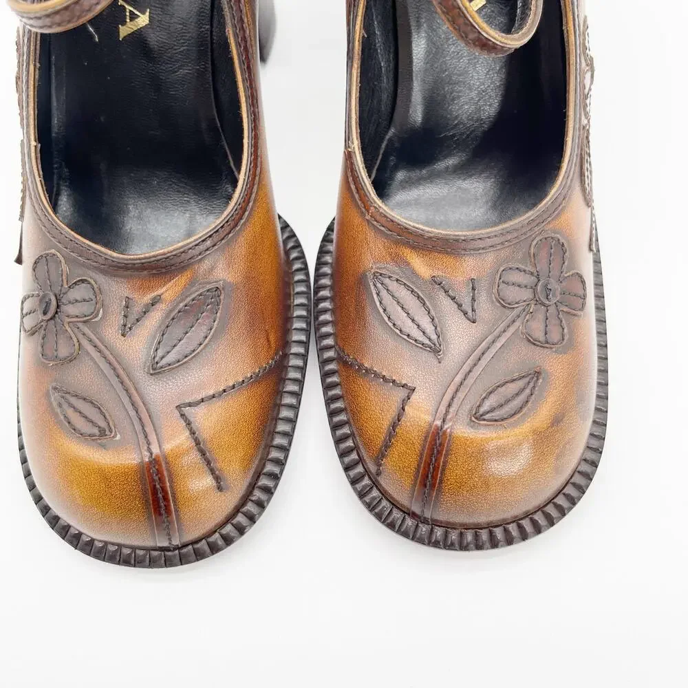Prada Vintage 1996 Floral Appliqué Antiqued Leather Mary Jane Heels IT 38.5